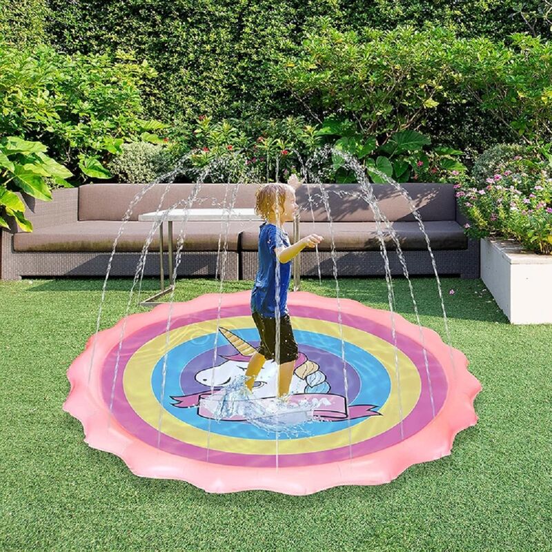 Summer children's water spray toy PVC pink Unicorn water spray pad, 69-inch spray pad, ideal summer play water spray pad, outdoor activity fountain toy